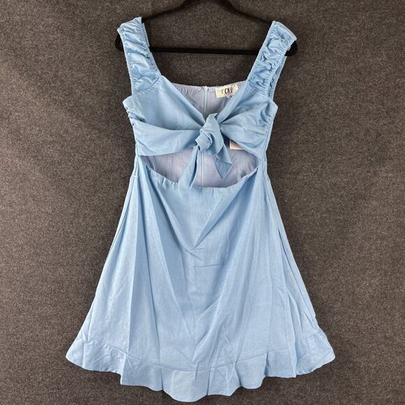 P Cill Linen Blend Mini Dress Womens Medium Blue Tie Front Ruffle Cut Out NEW - Picture 1 of 14